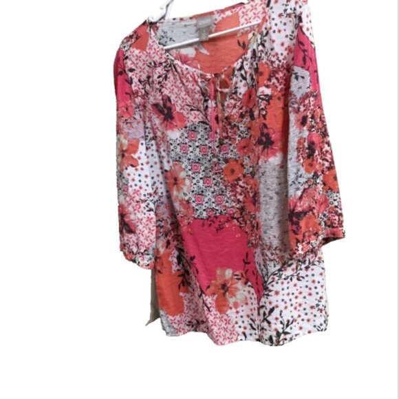 Chico's Women Size 1 = Size 8 Blouse Peasant Top Lightweight Coral Ivory Brown - Picture 3 of 5